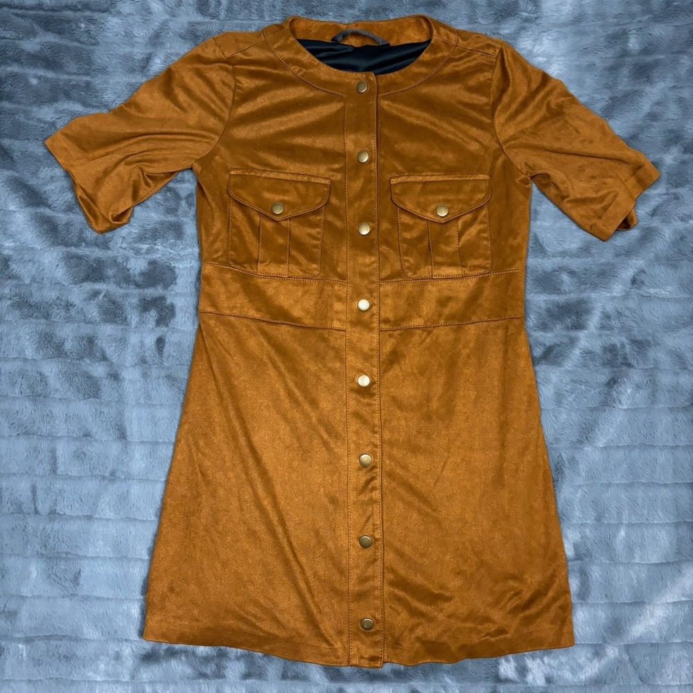 Zara Trafaluc Faux Suede Button Front Mini Dress Cognac Brown Short Sleeve M